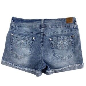 Wallflower Womens 9 Curvy Fit Distressed Denim Shorts Frayed Stretch Bling Boho